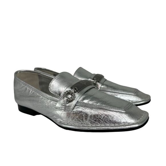 Tory Burch Perrine Metallic Chain Loafers Size 6.5 Silver Leather Flats